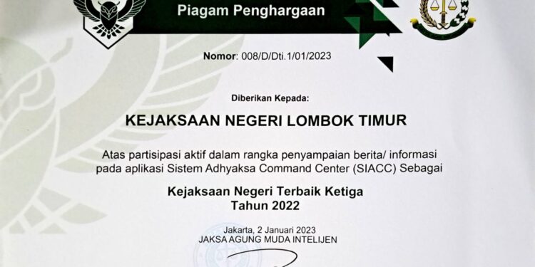 Pemberian Penghargaan Penilaian Performance SIACC (Sistem Adhyaksa Command Center) pada Jajaran Kejaksaan Negeri seluruh Indonesia untuk tahun 2022
